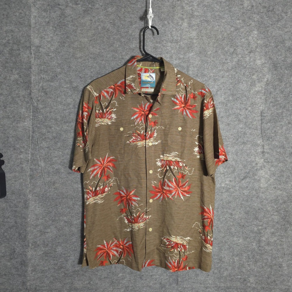 Tommy Bahama Silk Shirt Mens Small Brown Palm Tree Tropical Island Modern Fit